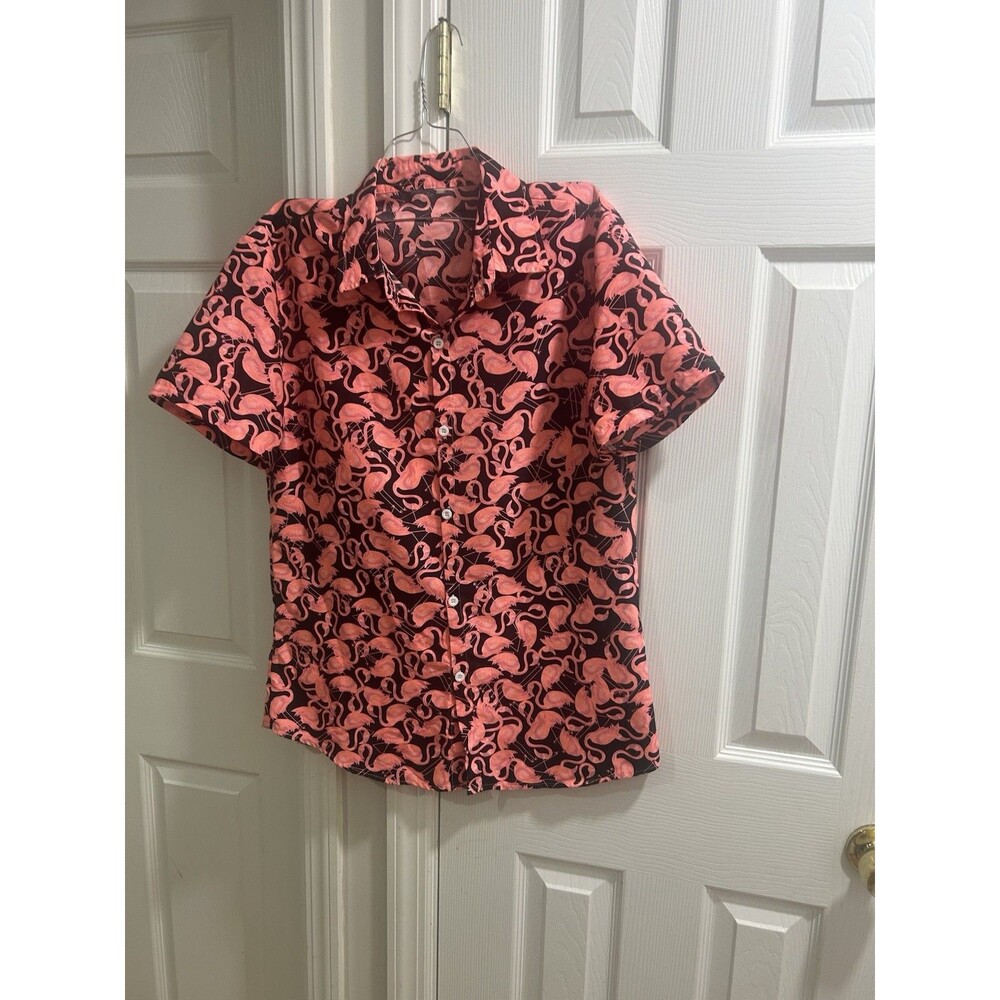 SHEIN Flamingo Print Button Up Shirt Women’s Pink Black Short Sleeve Size M
